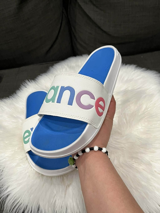 New Balance Shoes - New Balance White Slide Sandals with Bright Blue Footbed and Multicolor Logo